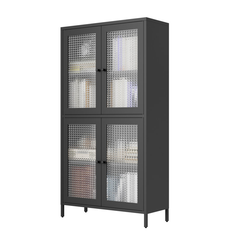 Armoire de rangement en métal classique avec portes en verre et tablettes en verre
