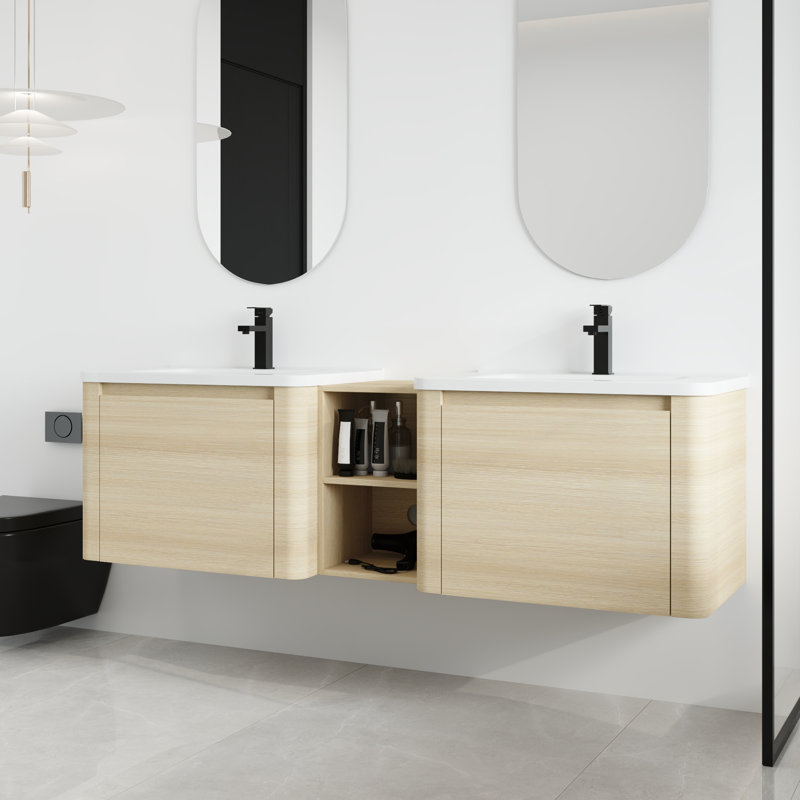 Narnby 68'' Wall-Mounted Double Bathroom Vanity With Ceramic Top, White Oak, 68"
