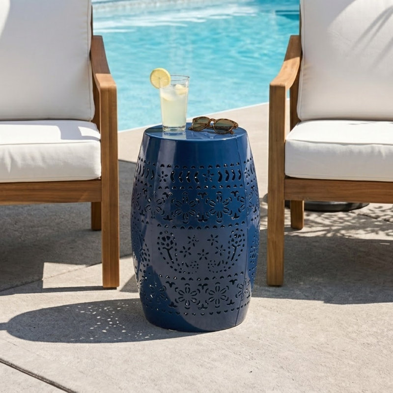 Modern Barrel Metal Side Table with Lace Cut Design No Assembly Accent Table for Patio Living Room Balcony, Navy