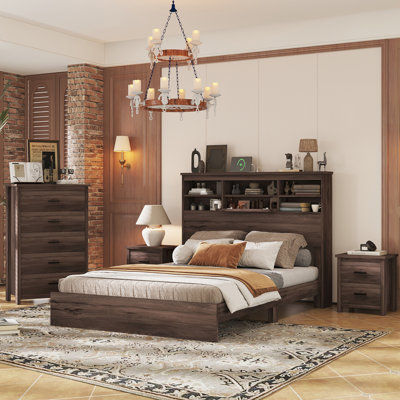 4-Pieces Bedroom Sets Queen Size Vintage Wooden Bed Frame With 2 Nightstands And 1 Dresser