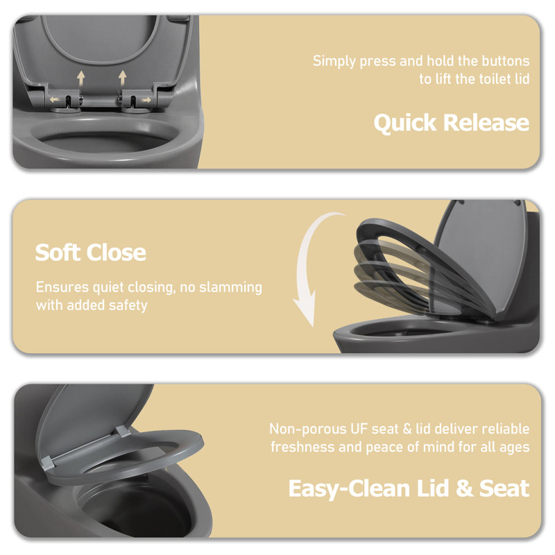 Toilette allongée une pièce à double chasse 1,1 / 1,6 GPF avec siège confort ADA de 17,32 po de hauteur, surface vitrée en céramique (siège à fermeture en douceur incluse), gris