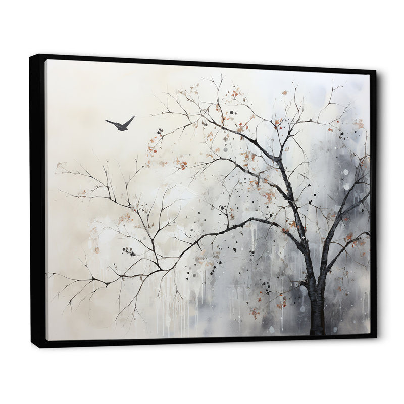 Minimalisme, oiseaux monochromes sur branche I - art mural arbres, Cadre flottant noir, H 24 po x l 32 po x P 1 po