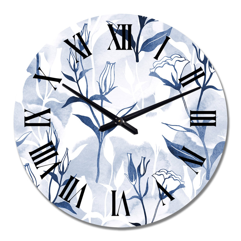 Blue Eustomia Flowers on White - Patterned Wall Clock, Medium