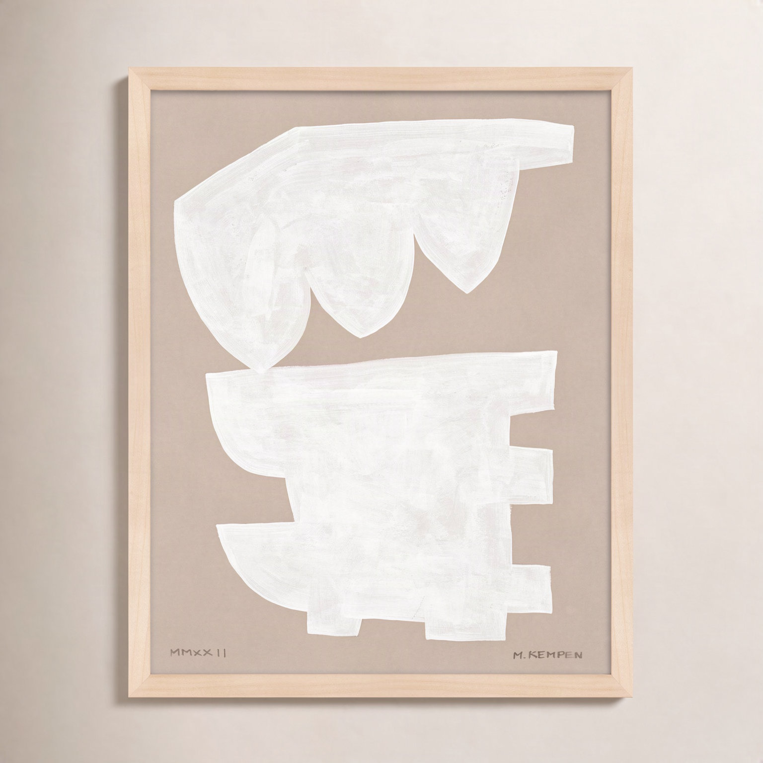 Gallman "Modules in White 1" Painting, 20" W x 25" H, Maple Framed