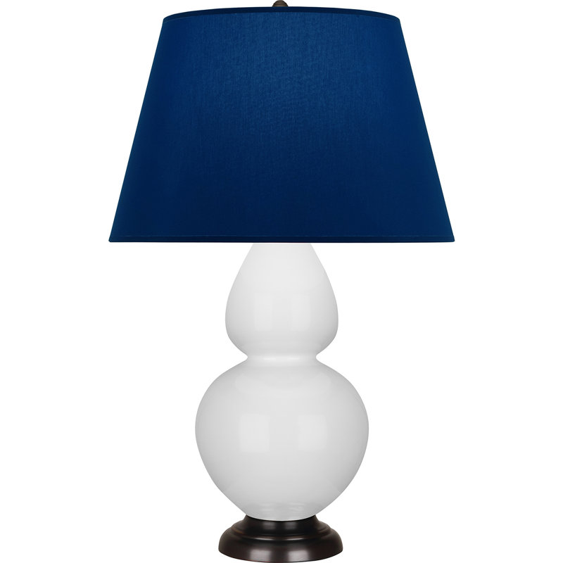 Lampe de table double gourde en céramique, Bleu marine/gris, Marguerite émaillée / bronze, Bronze