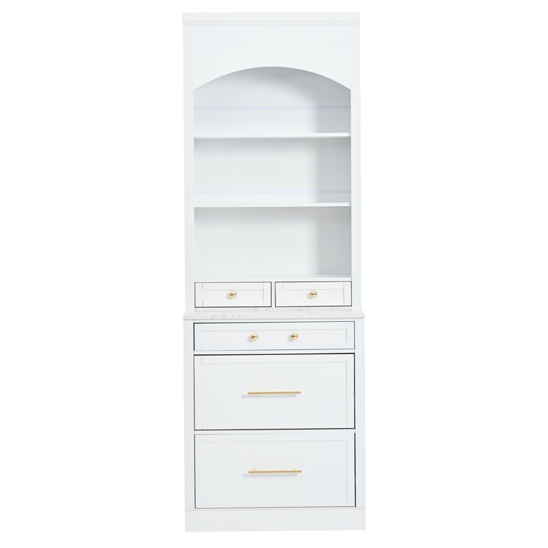 Modern 83.7Inch High Kitchen Pantry, Freestanding Tall Kitchen Hutch With Faux Marble Top, Display Cupboard Cabinet With 5 Storage Drawers And Adjustable Shelf, White