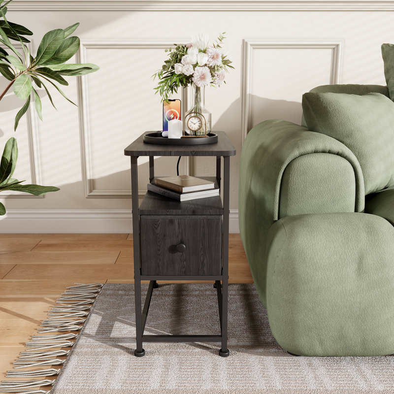 Modern Side Table With Drawer, Open Shelf, USB & Type-C Charging Ports, EU Socket, 30 × 60 × 62 cm, Black