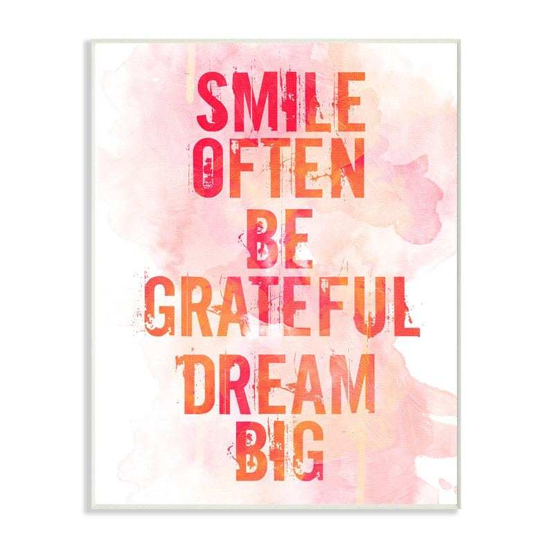 «Smile Souvent Be Grateful Dream Big Coral and Orange Typographie» par Milli Villa, reproduction d'art textuel, Plaque murale