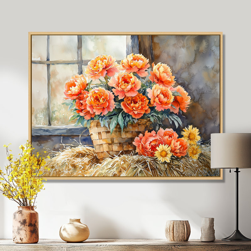 Moisson d'automne pivoines à la grange I - pivoines, art mural, H 24 po x l 32 po, Impression encadrée flottante, Naturel