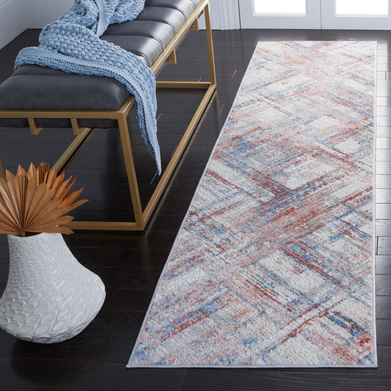 Tapis géométrique ivoire / rouille / bleu, Tapis de couloir 2 pi 2 po x 8 pi