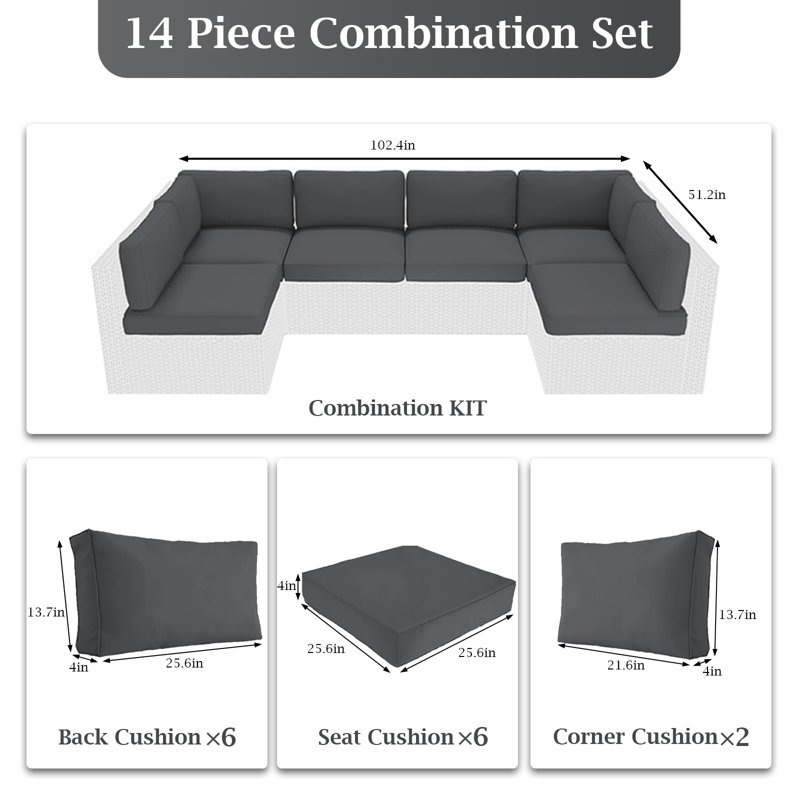 Ensemble de 14 coussins d'extérieur remplaçables (ensemble de 6 coussins, 6 dossiers, 2 coussins d'angle) - ensemble de coussins seulement
