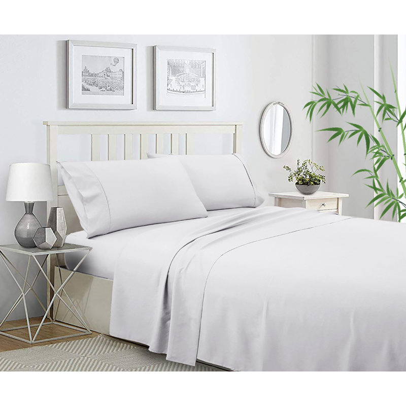 Ensemble de draps en bambou et rayonne avec taies d'oreiller, Blanc, Ensemble de draps pour lit simple TG + 3 articles 