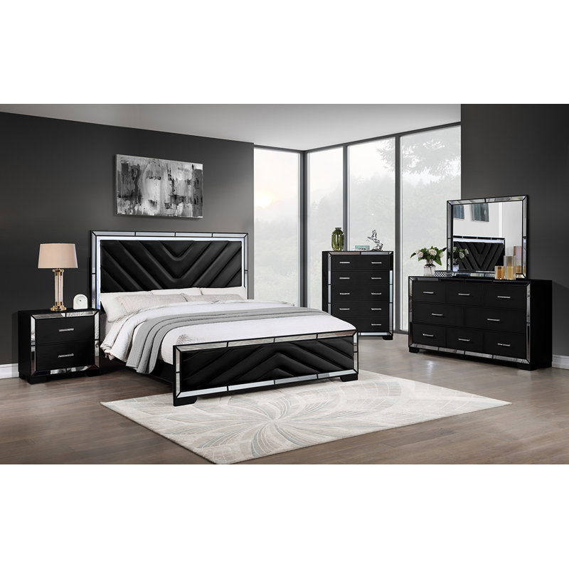 Ensemble de chambre à coucher avec lumières à DEL 5 pièces Sleaford, noir, Très grand, Noir
