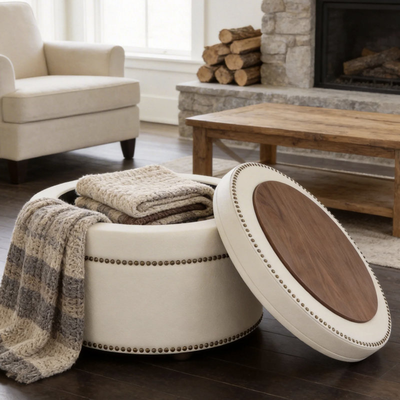 Mika 24" Round Flip-top Storage Ottoman - Dual-sided Seat & Table, Solid Wood Made, Space-Saving Footrest for Living Room & Bedroom