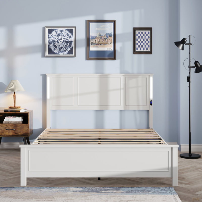 Base de lit, base de lit plateforme avec tête et pied de lit en bois, station de charge et lumières DEL, 12 lattes de bois, aucun sommier nécessaire (lit)