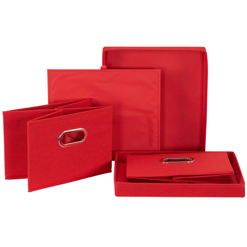 Storage Bin Set with Lids with Textured Linen Look Fabric, Chromed Grommet Handles, Red