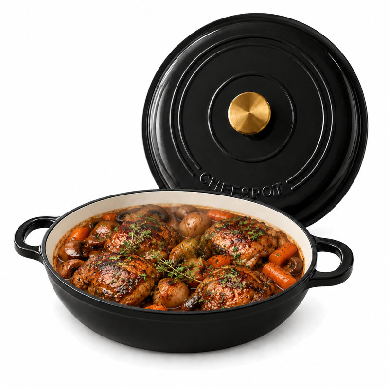 3.5 Quart Enameled Cast Iron Round Braiser Pan with Self-Basting Lid and Loop Handles (Black), Black