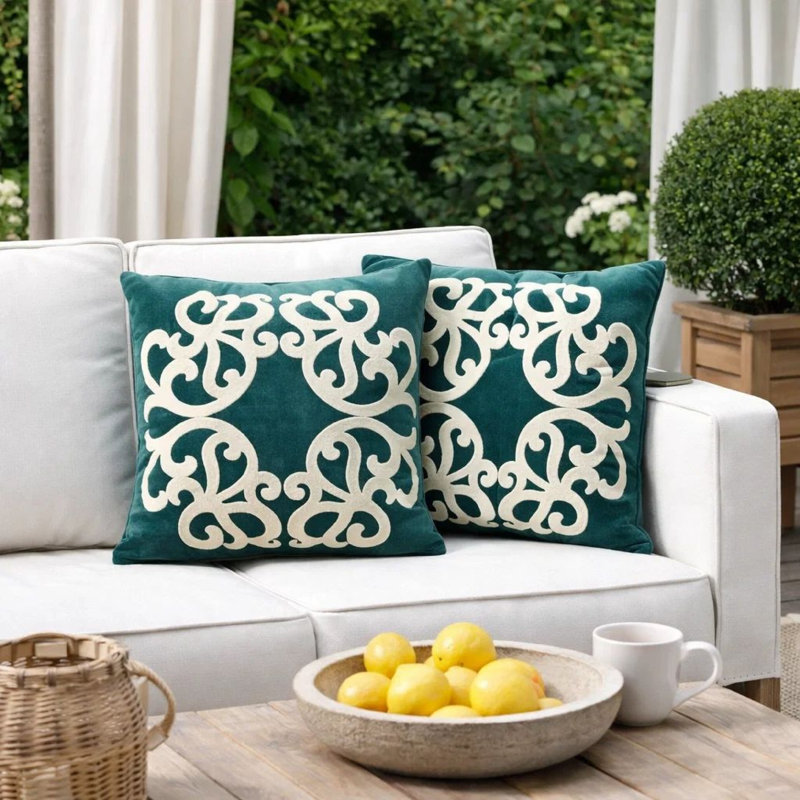 Housse de coussin carré Dery 20 x 20, velours vert double face rétro, Vert foncé / blanc
