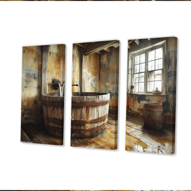 «Brown Rustic Bathroom Charm I», ensemble de reproductions d'art mural rustique, Toile tendue, H 32 po x l 48 po x P 1 po