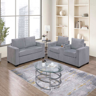 Ensemble de canapé 2 pièces en velours côtelé gris clair - Canapé et causeuse avec console, porte-gobelet, Elegant Simple