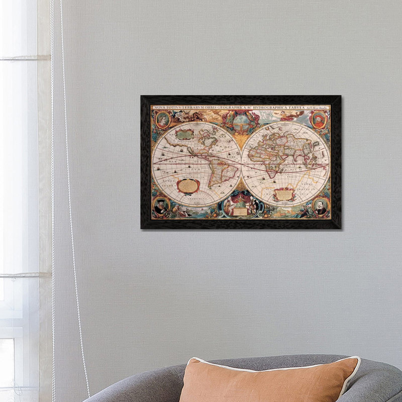Antique World Map by Henricus Hondius - Print on Canvas, 66.04 cm H x 45.72 cm W, Mustard/Dark Red/Cream