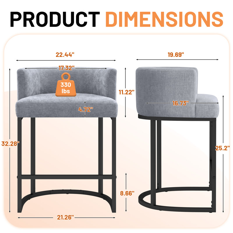 Tabouret de bar 25,2 po à dossier bas gris et structure en métal, Gris