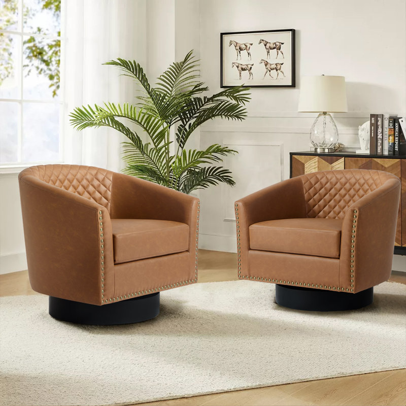 Petit fauteuil pivotant tonneau capitonné Bennett avec garniture cloutée Bennett, Similicuir café