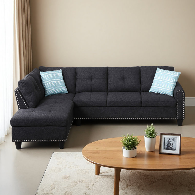Trimmed L - Shaped Sofa 2Pc, Charcoal gray