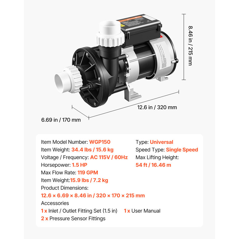 Débit du spa 115 HP Spa Pump 115V 119GPM avec port 1,5 ", rotation de 90 °, hauteur de levage maximale de 54 pieds, moteur en cuivre, circulation de l'eau du spa, compatible avec les modèles d'origine