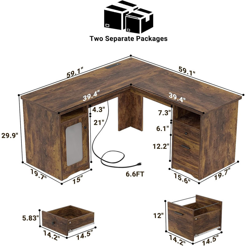 Detcho 60'' L Shaped Executive Desk with Drawers and Power Outlets, Brown