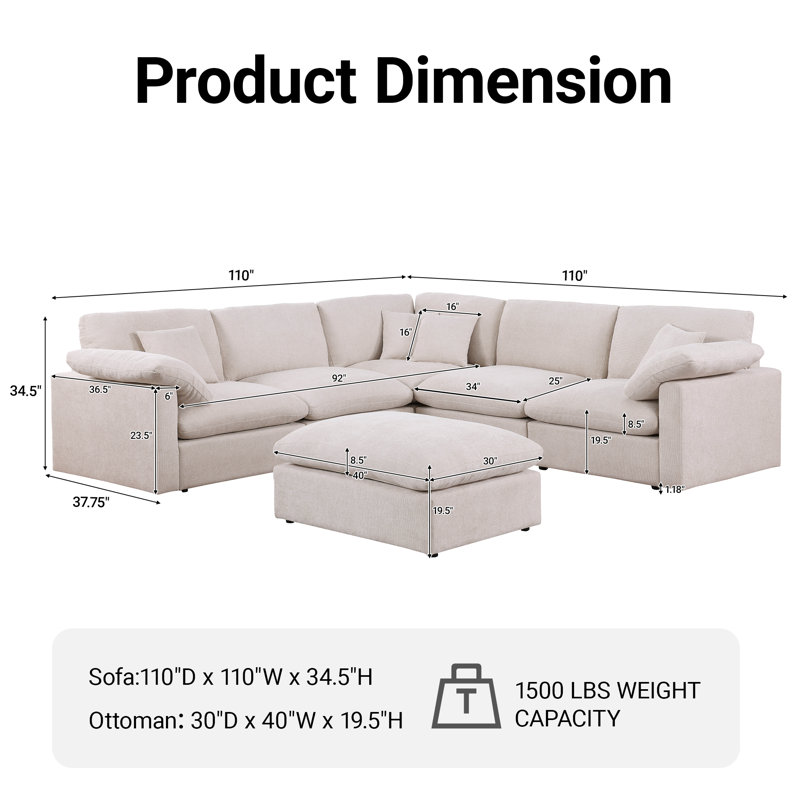 110"W 6-piece Sectional Corner Sofa Chenille Oversized Upholstered Modular Deep Seat Couch With Removable Ottoman & Pillows