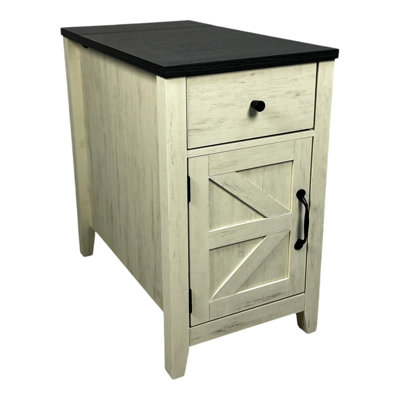 Farmhouse End Table Bedside Table With Charging Station,Night Stand With Barn Door And Drawer, Storage For Bedroom Living Room ,Bedside Table,  White+Black Color