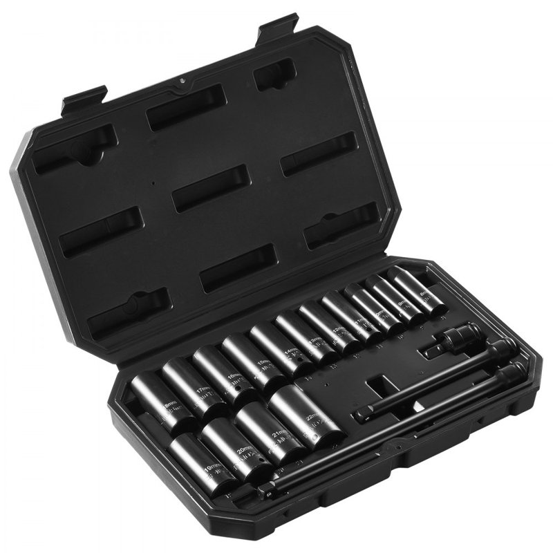 Impact Sockets Set 18pcs 6-Point 3/8" Drive Bit Ratchet Tool Kit Case