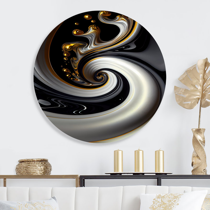 Gold Black And White Stained Glass VI - Modern Spiral Metal Circle Wall Art, 36" W x 36" H
