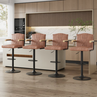 Set Of 4 Adjustable Swivel Bar Stools With Backs And Armrests, Faux Leather Kitchen Island Counter Height Bar Chairs With Round Metal Base And Footrest