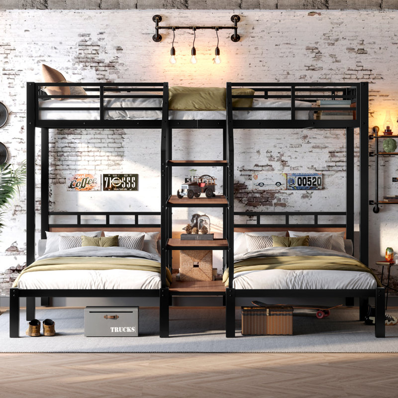 Twin Over Twin & Twin Metal Bunk Bed with Storage Shelves and Stairs, Twin Over Twin Over Twin