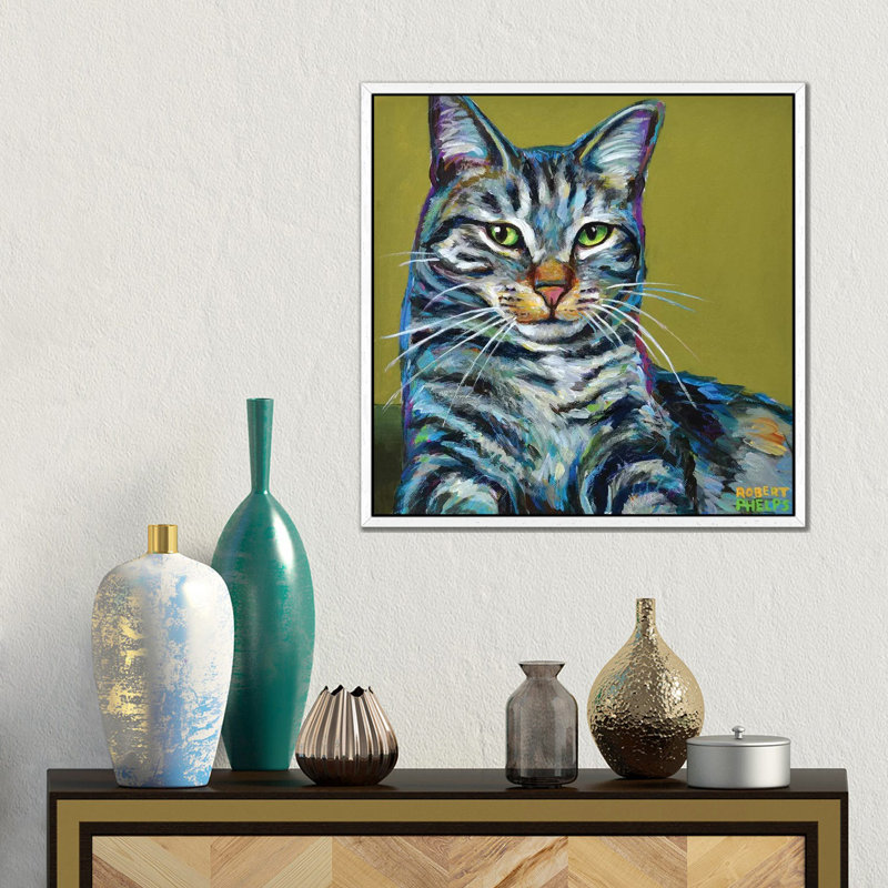 Striped Tabby On Green by Robert Phelps - Gallery-Wrapped Canvas Giclée on Canvas, 45.72 cm H x 45.72 cm W, White Framed