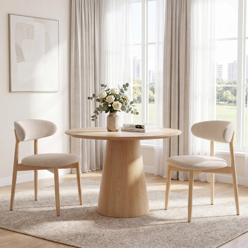  Solid Wood Upholstered Dining Chair - Ergonomic Curved Back, Comfort Fabric, Beige, Natural