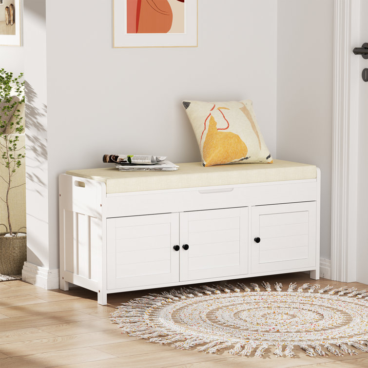 43.5 Shoe Storage Bench with Cushion, Entryway Storage with Hidden Storage Red Barrel Studio Color/Pattern: White