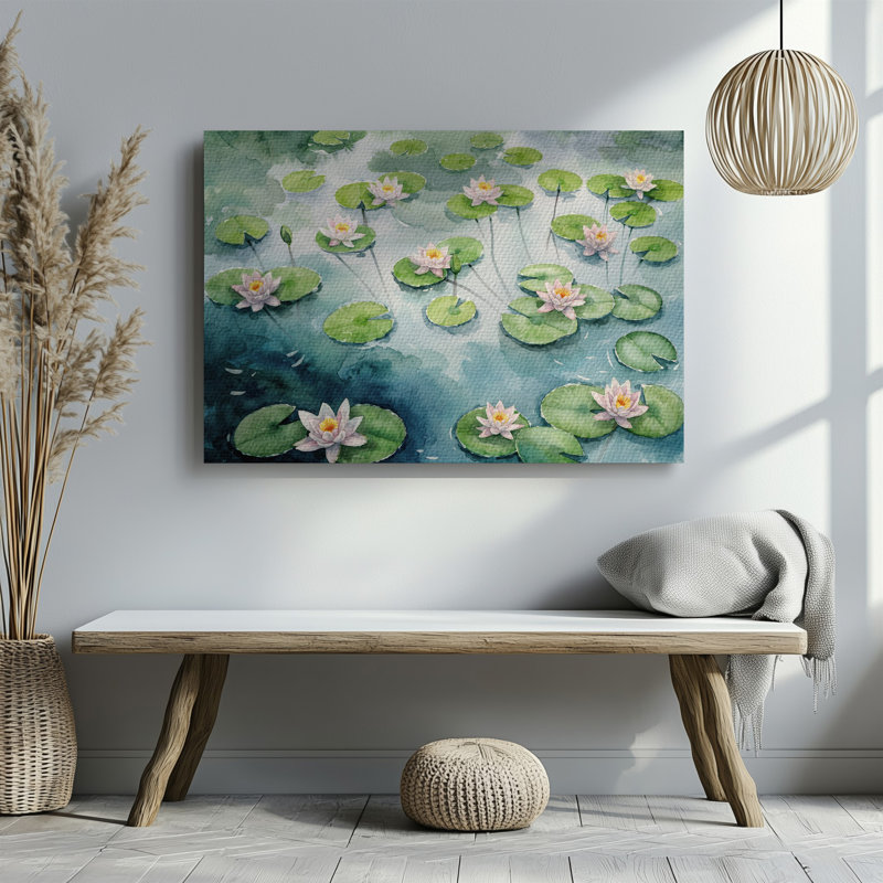 Toile, art aquarelle serein impressionniste représentant un étang tranquille rempli de délicats nénuphars roses flottant sur toile