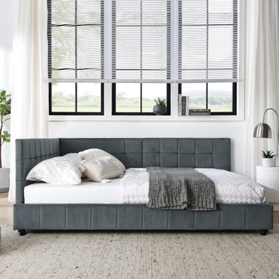 Full Size Bed Frame In Grey Velvet With Armrest For Bedroom And Living Room Cozy