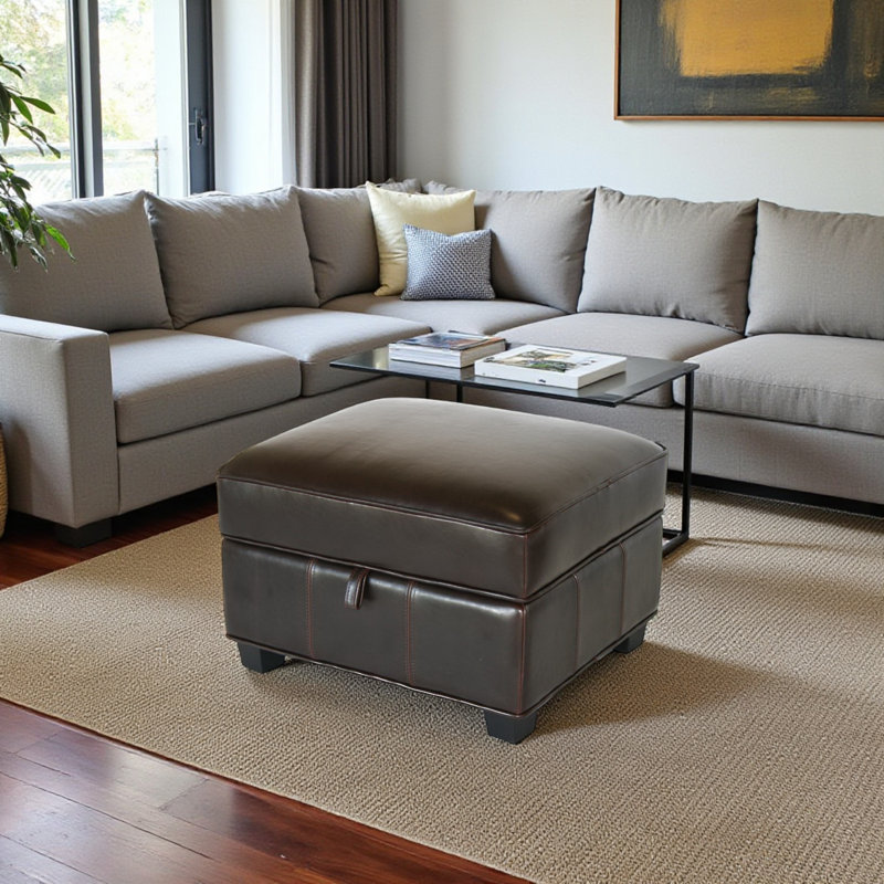 Kasius Ottoman in Rich Dark Brown Faux Leather and Solid Wood Legs, 14.9'' H X 24.9'' W X 20.85'' D