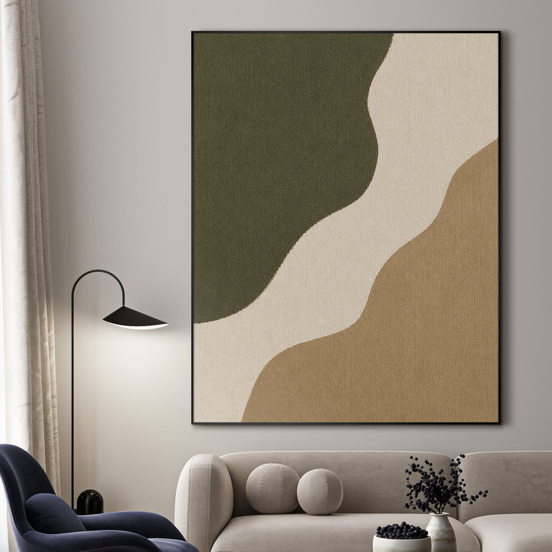 Très grand art mural imprimé sur tissu - Courbes abstraites organiques dans des tons de vert olive et de sable pour le salon ou la chambre à coucher - «Assemblage du cadre requis (cadre non fini)»