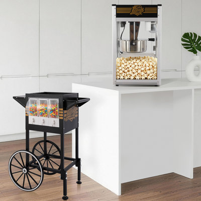 12oz Commercial Popcorn Machine with Cart, 3 Control Buttons Electric Popcorn Maker, Comes with 3 Candy Storage Boxes & 3 Plastic Spoons, Retro Popcorn Popper for Movie Theater Snack Bar.