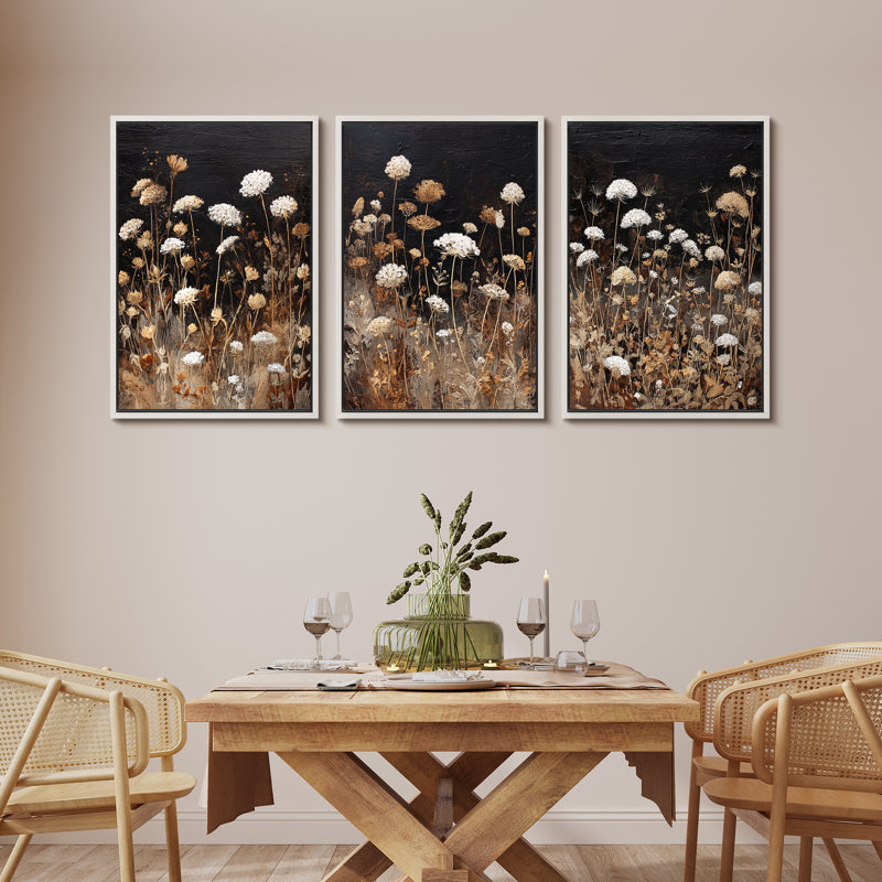 Neutre botanique prairie avec fleurs sauvages blanches et brunes - impression sur toile encadrée 3 pièces, Cadre blanc