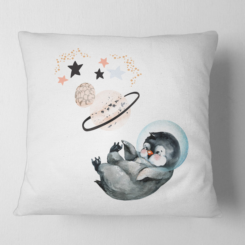 Housse de coussin carrée petit pingouin avec étoiles et planètes I, 16" x 16"