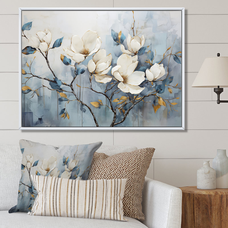 Elegant Magnolias Tranquility - art mural de salon Magnolias, Reproduction avec cadre flottant, H 24 po x l 32 po, Blanc