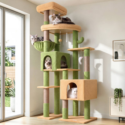 Arbre à chat de 198 cm pour grands chats, tour de jeu intérieure pour plusieurs chats avec 2 niches et un hamac, support d'escalade en velours pour chats moyens et grands, facile à installer