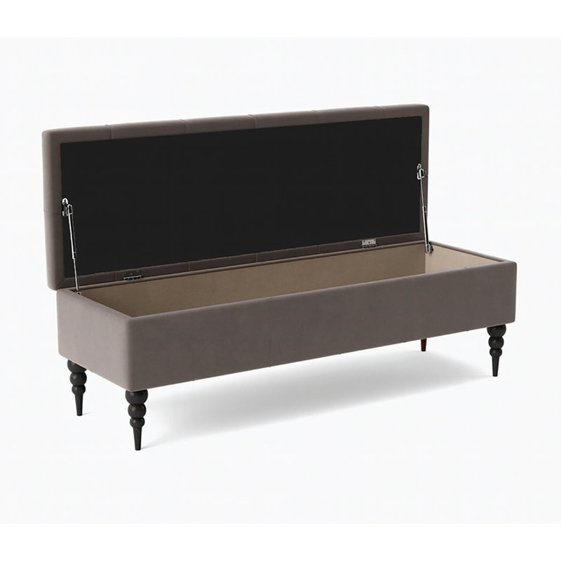 Safar Wide Tufted Rectangle Ottoman Storage Bench – Upholstery Plush Velvet Shoe Bench with Black Turned Wooden Legs, Grey