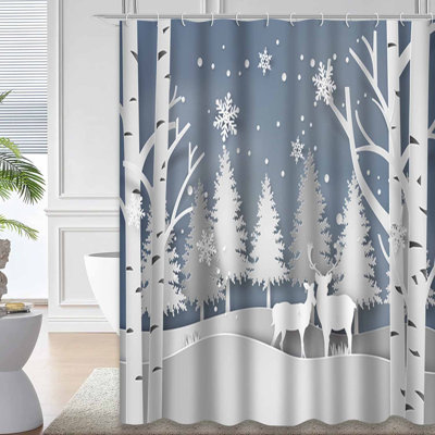 Deer Forest Snow Christmas Winter Digital Shower Curtain with 12 Hooks